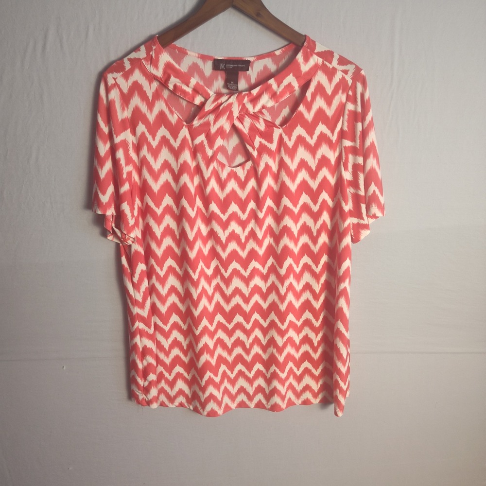 INC International Concepts Coral Chevron Ikat Knot Neck Top Plus Size 1X A1108
